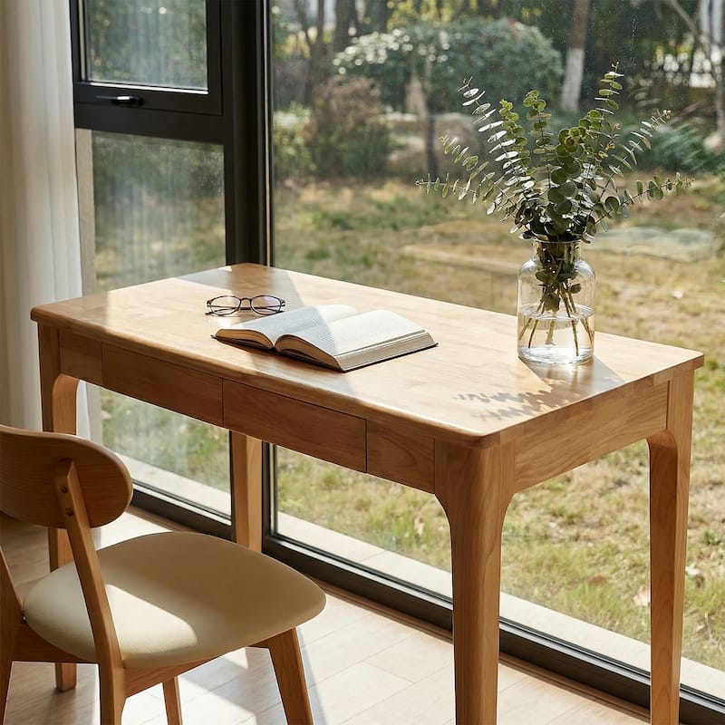 Solid Wood Desk with Drawers, Standing Desk with Smooth Edges, Home Office Desk for Small Spaces, for Bedroom, Living Room