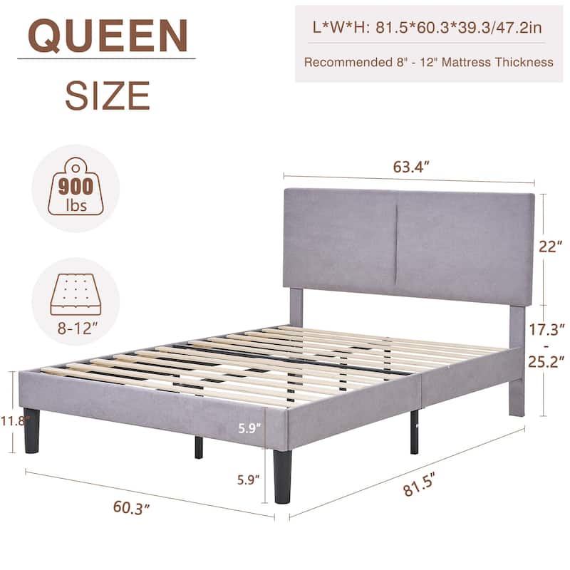 VECELO Adjustable Upholstered Split Headboard Bed Frame with Charging Station USB Port Type C No Box Spring Needed Noiseless Bed