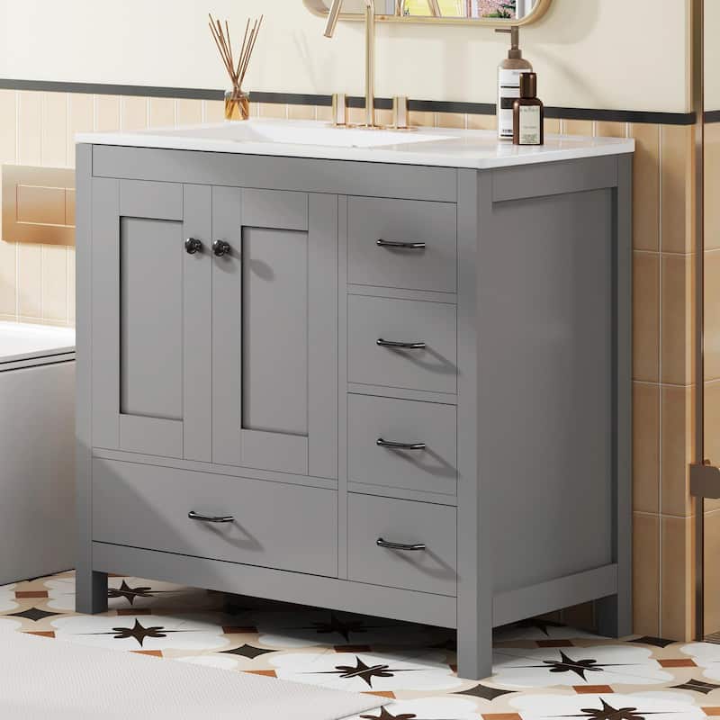 36" White Bathroom Vanity with Ceramic Sink Combo, Ample Storage Cabinet - 2 Soft-Close Doors and 5 Drawers