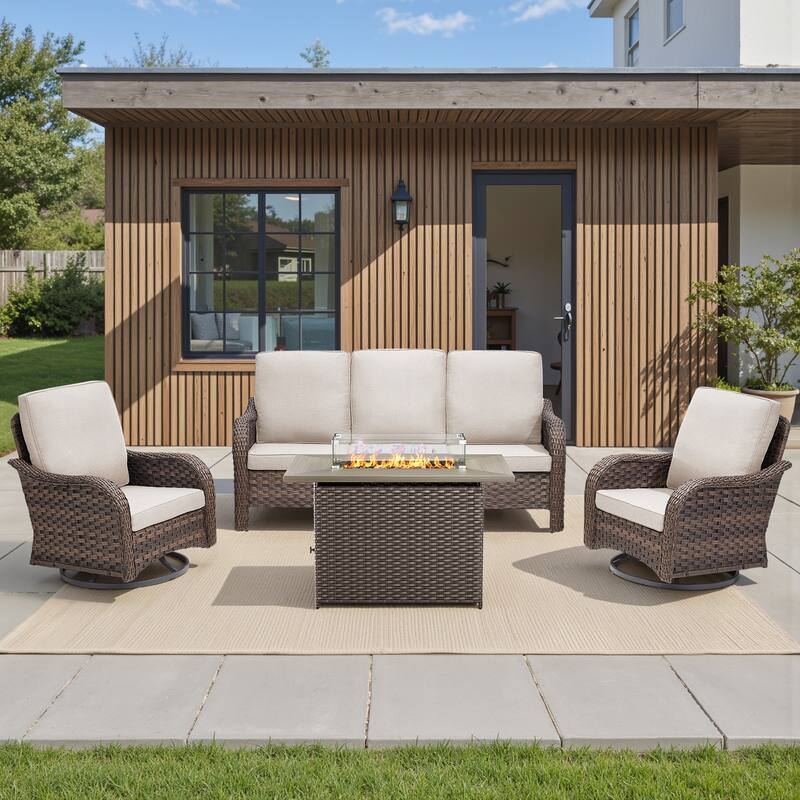 Pocassy Patio Sofa Swivel Chairs with Fire Table Funiture - Beige Cushion - Brown Wicker - 4-Piece Sofa Swivel Chair with Fire Table