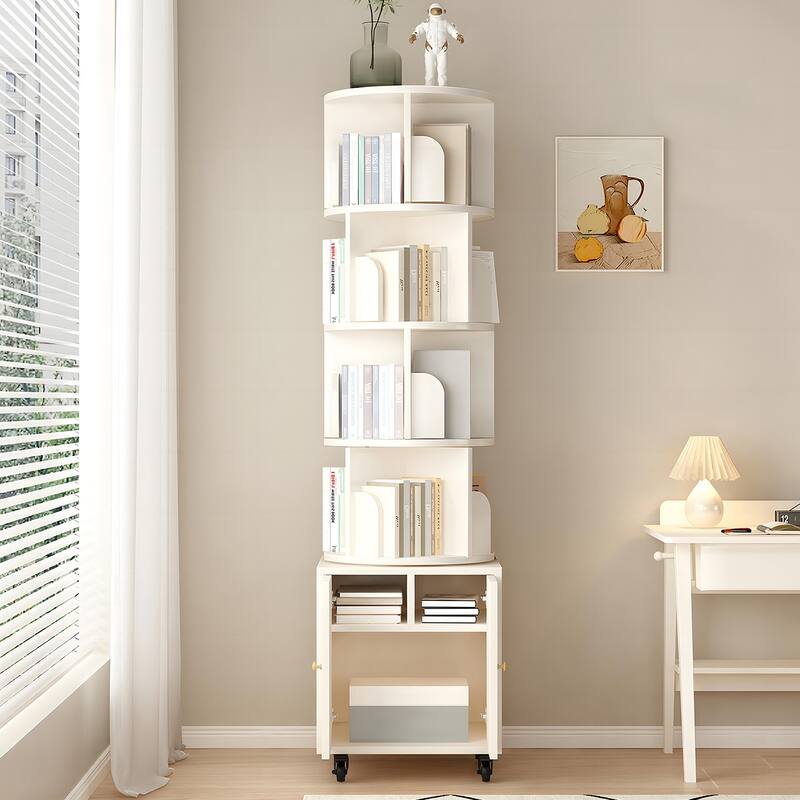 Anmytek 360 Rotating Corner Bookshelf with Wheels Space Saving Storage for Small Rooms
