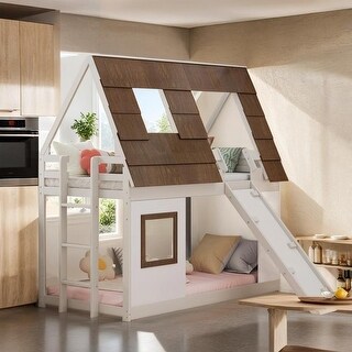 Twin Size Wood House Bunk Bed with Window Roof Shape Design - Bed Bath ...