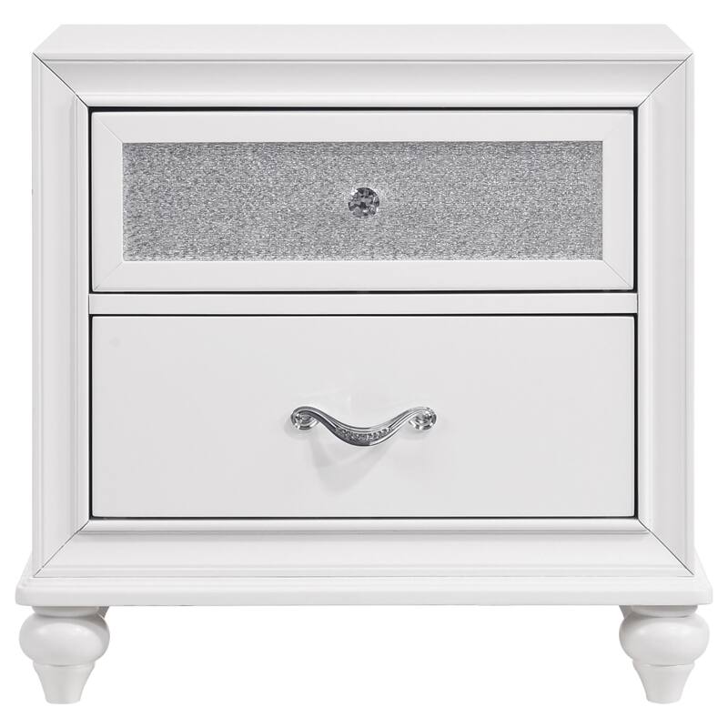 White 2-Drawer Nightstand with Crystal Hardware - Modern Design