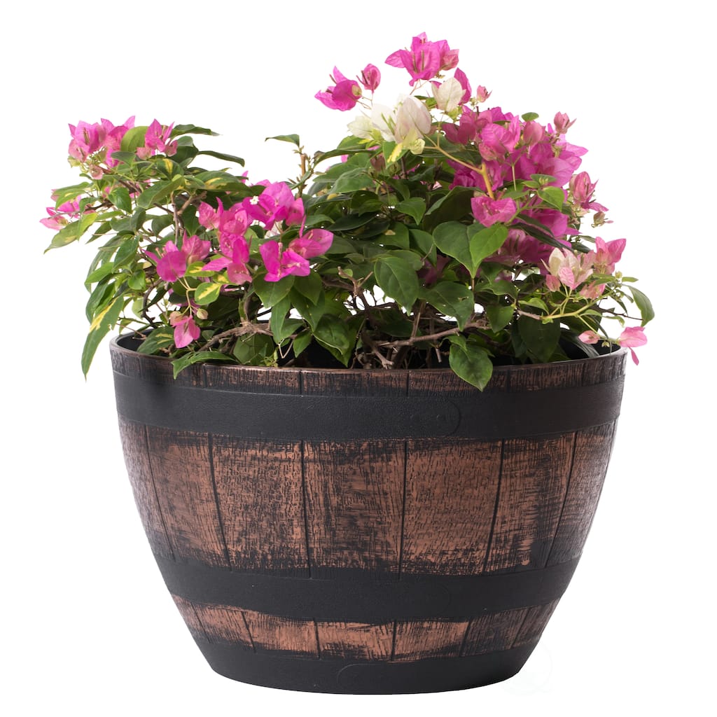 Brown Outdoor Rustic Half Barrel Flower Garden Planter Bowl, Plastic