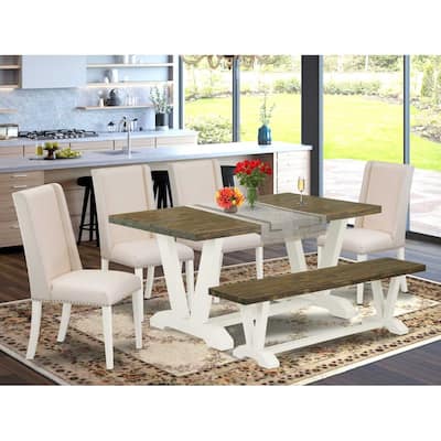 HomeStock 6-Piece Rectangle Distressed Jacobean Finish Solid Wood Top Dining Table with 1-Bench, 4-Chairs