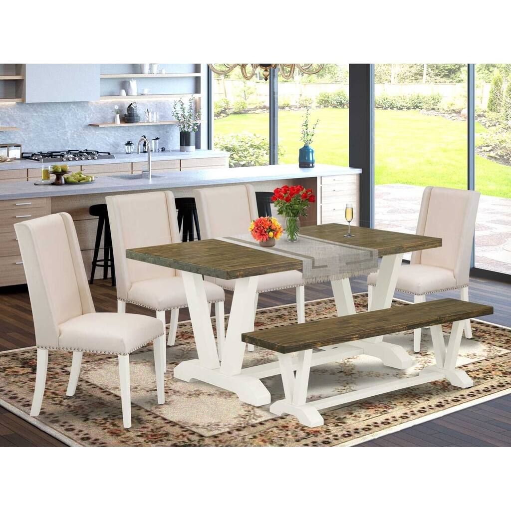 HomeStock 6-Piece Rectangle Distressed Jacobean Finish Solid Wood Top Dining Table with 1-Bench, 4-Chairs