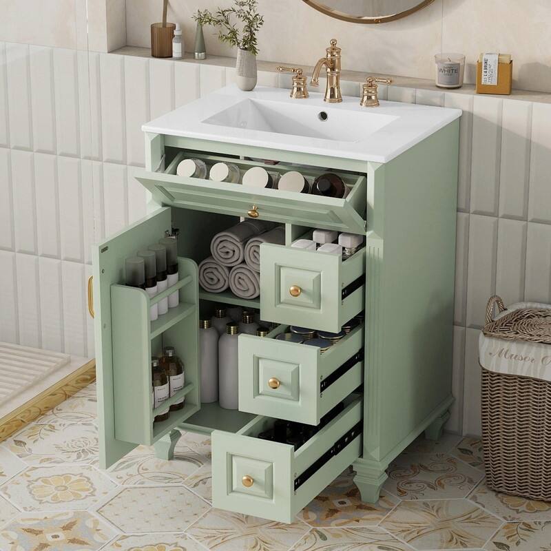 24" Bathroom Vanity with Sink, Freestanding Vanity Cabinet with Flip-Out Drawer, 3 Drawers, Ceramic Top