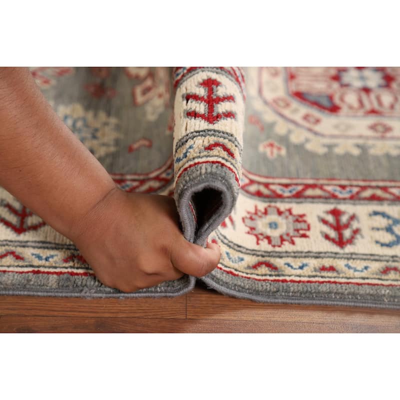 Gray Geometric Kazak Runner Rug Handmade Wool Carpet - 2'9" x 16'5"