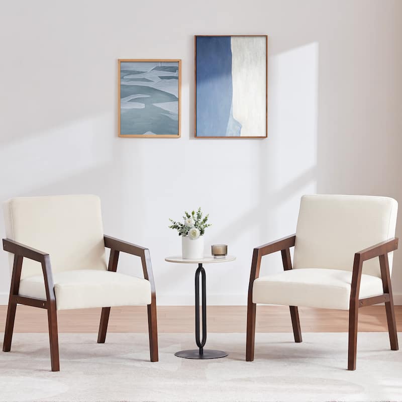 HUIMO Set of 2 Accent Armchair Solid Wooden Brownness/ White/ Blue Upholstered Mid-Century Modern Accent Chair for Living Room - White