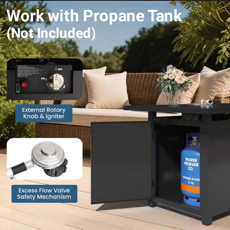 43" 2in1 Black Fire Pit Table with Lid & Glass Shield, 50000 BTU CSA Certified, Waterproof Cover