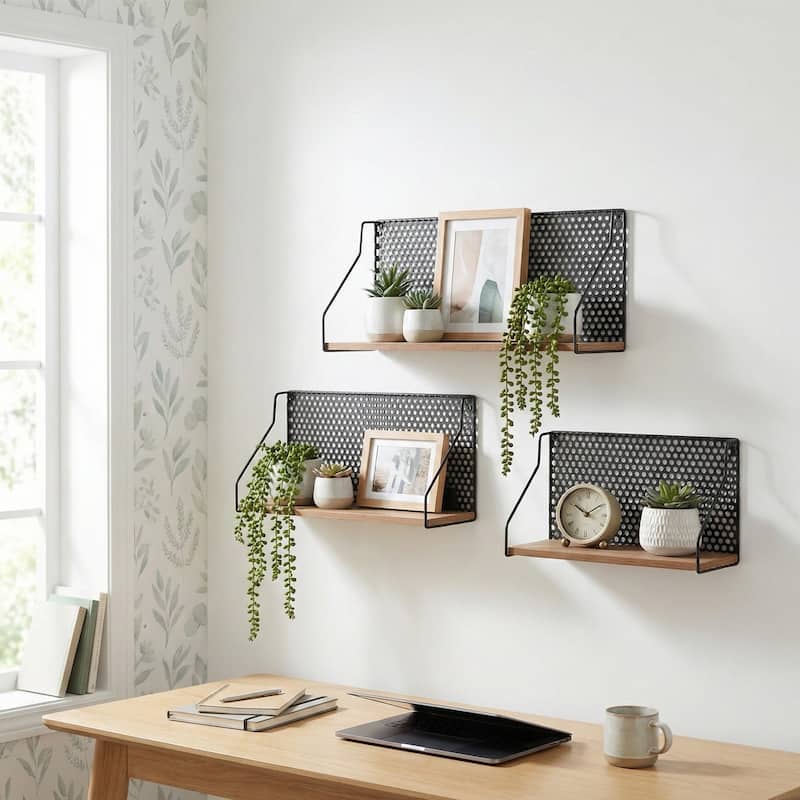 Metal Wood Rectangular Wall Shelf Set - Brown, 16/20/24" - 24.0" - 24.0" - Brown