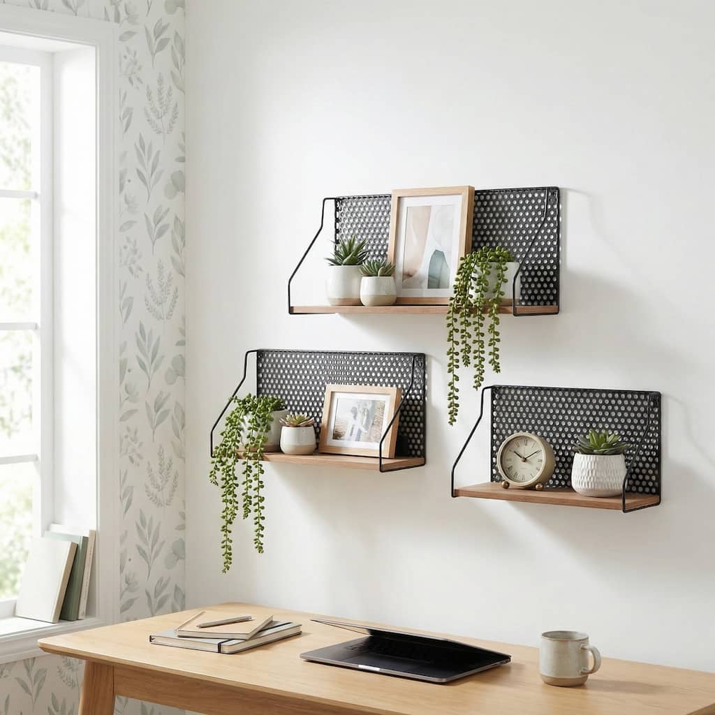 Metal Wood Rectangular Wall Shelf Set - Brown, 16/20/24" - 24.0"