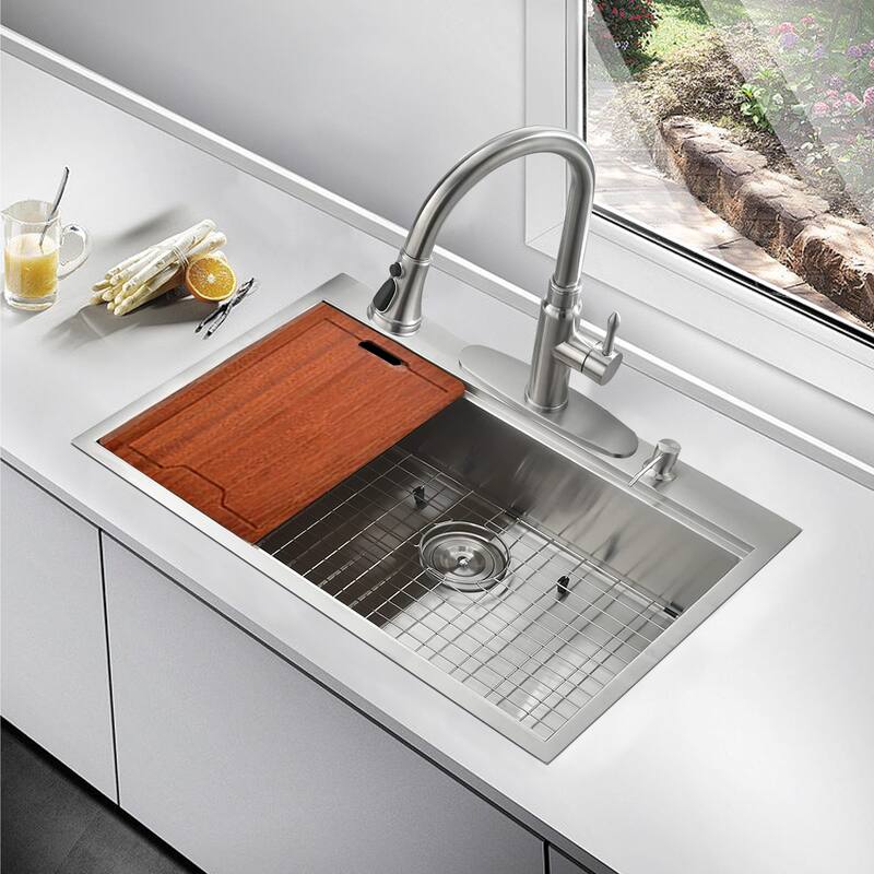 PROOX 30 in.W x 22 in. D Single Drop-in Stainless Steel Kitchen Workstation Sink w/ Strainer - 30" W x 22" D