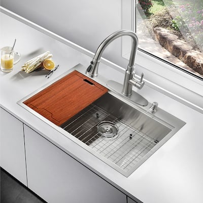 PROOX 30 in.W x 22 in. D Single Drop-in Stainless Steel Kitchen Workstation Sink w/ Strainer - 30" W x 22" D