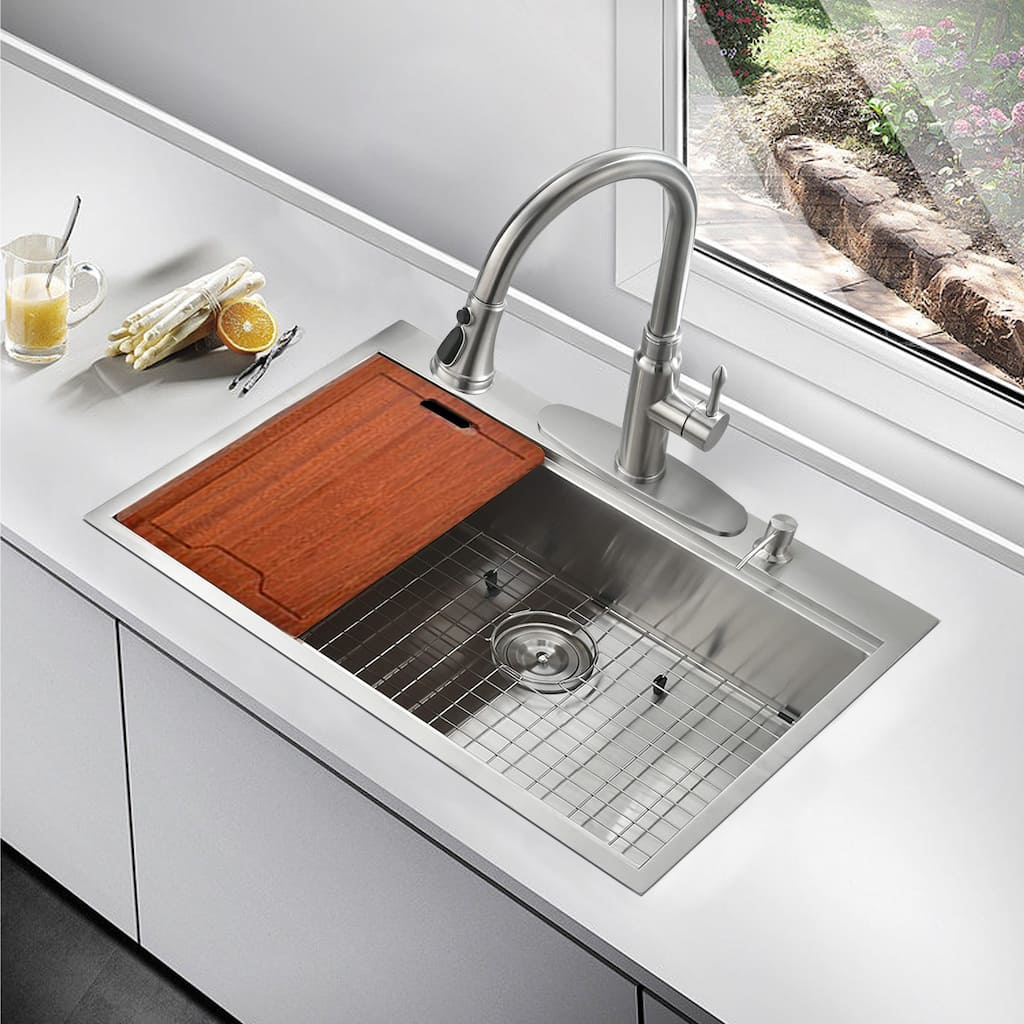 PROOX 30 in.W x 22 in. D Single Drop-in Stainless Steel Kitchen Workstation Sink w/ Strainer