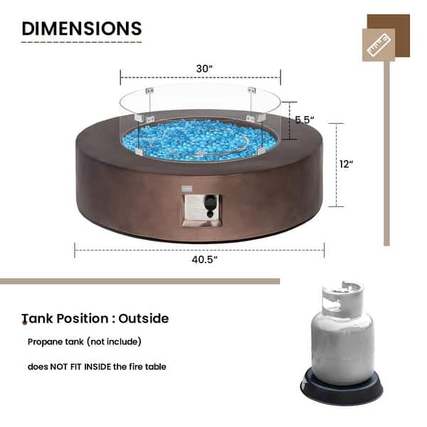 dimension image slide 2 of 14, COSIEST 42'' Outdoor Round Propane Fire Pit w Wind Guard and Fire Glass