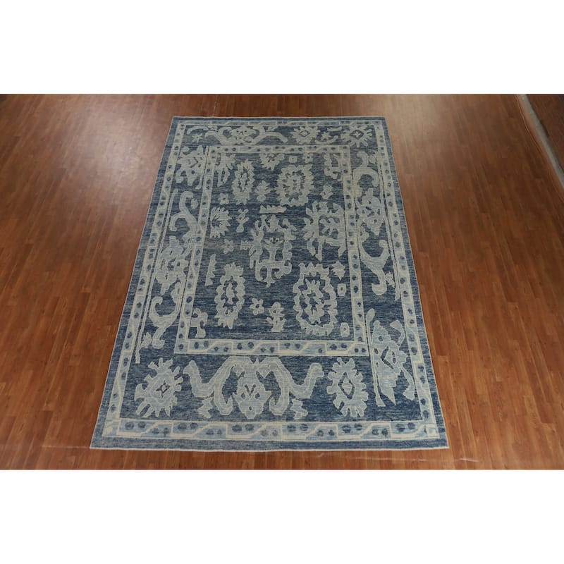 Hand Knotted Oriental 100% Wool Carpet Transitional All-Over Navy Blue & Blues Oushak Area Rug - 11' 10'' X 7' 11''