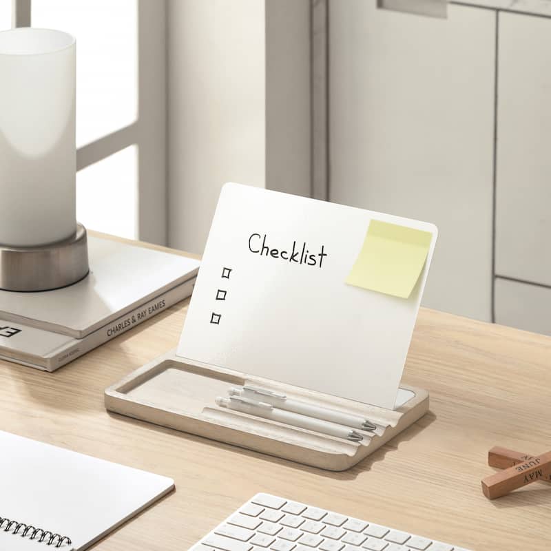 Jani Wooden Desk Organizer with Magnetic Whiteboard - Solid Wood, Hidden Storage & Anti-Skid Base for Home, Office & Workspaces - Off-White