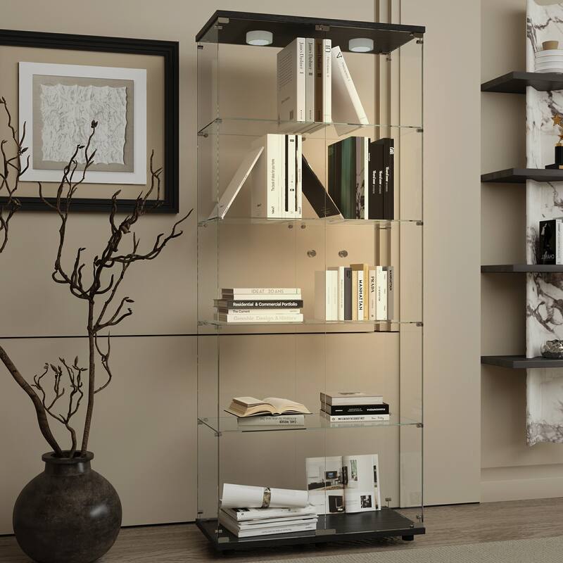 Tempered glass display cabinet with paipai lights,with locks, with adjustable feet,suitable for uneven,living room - Black