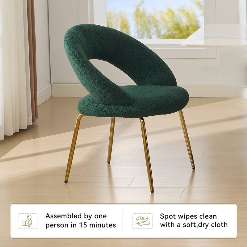 Set of 1 Teddy Fabric Dining Chairs With Curved Backrest and Golden Metal Legs for Kitchen or Dining Room ,Green