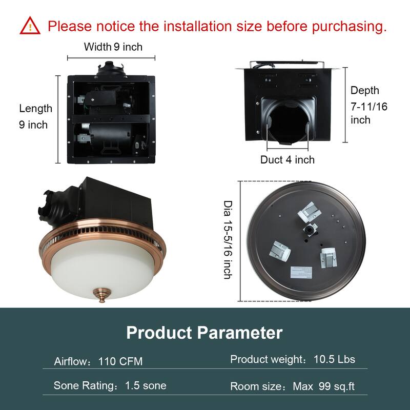Ultra Quiet Bathroom Exhaust Fan with LED Light and Nightlight 110CFM 1.5 Sone with Round Frosted Glass Cover