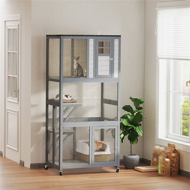 Fir Wood Steel Cat Cage with Wheels and Multi-Levels