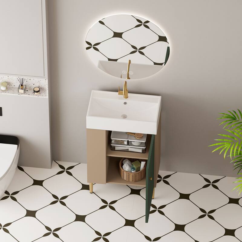 Compact White Bathroom Vanity with Ceramic Sink, Soft-Closing Cabinet, and Brushed Copper Accents for Small Spaces