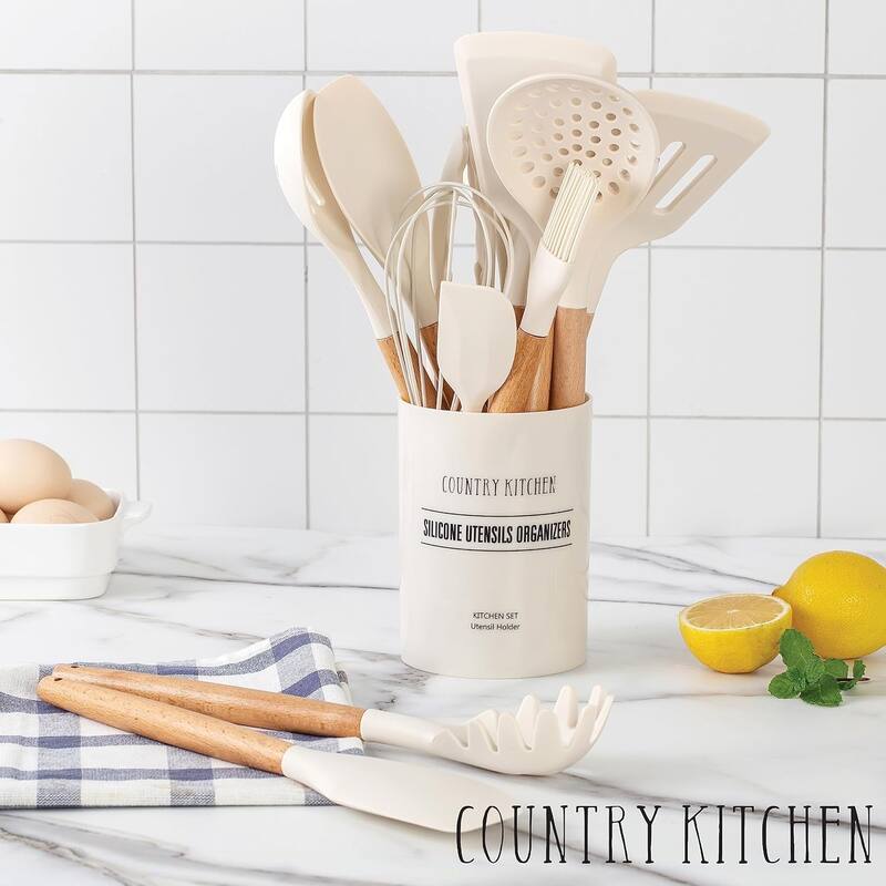 Country Kitchen Non Stick Silicone Utensil Set with Rounded Wood Handles for Cooking and Baking, 14 Piece Set