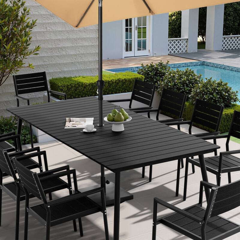 94.5in Outdoor Patio Rectangle Aluminum Wood-Like Dining Table with Umbrella Hole - Black