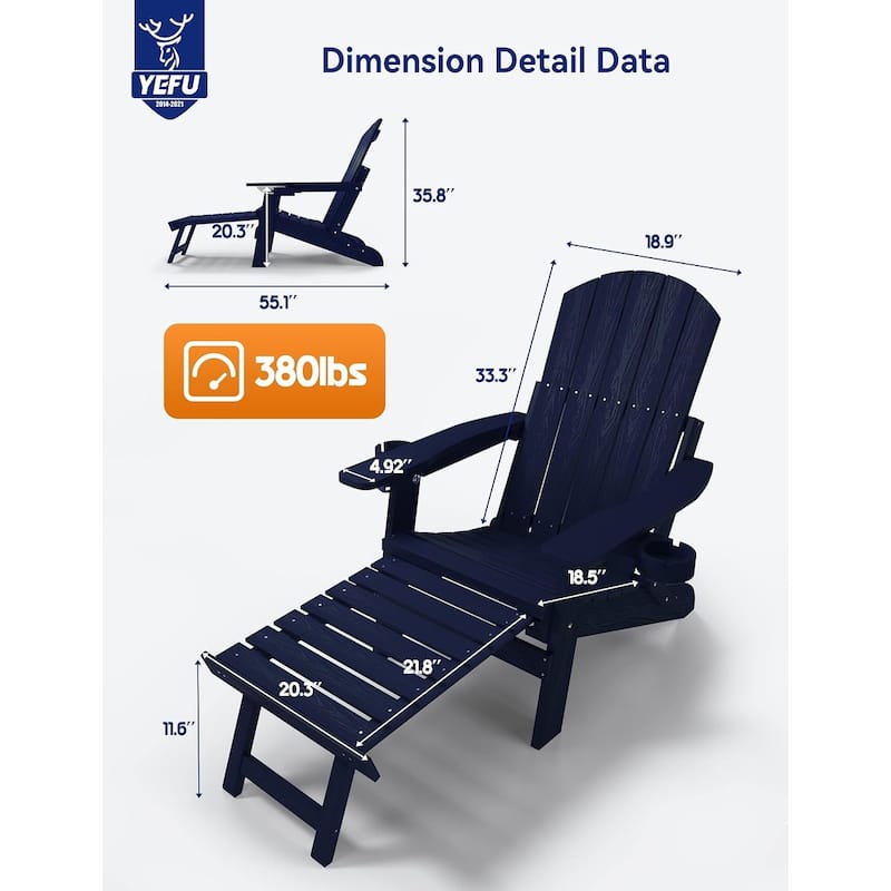 WINSOON All Weather HIPS Folding Adirondack Chair with Ottoman, 5-Gear Adjustable Backrest and Retractable Ottoman Set of 4