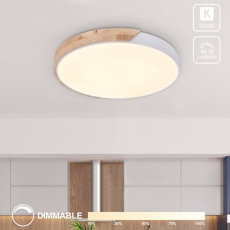1 - Light Mid-Century Modern White Metal Wood LED Dimmable Flush Mount