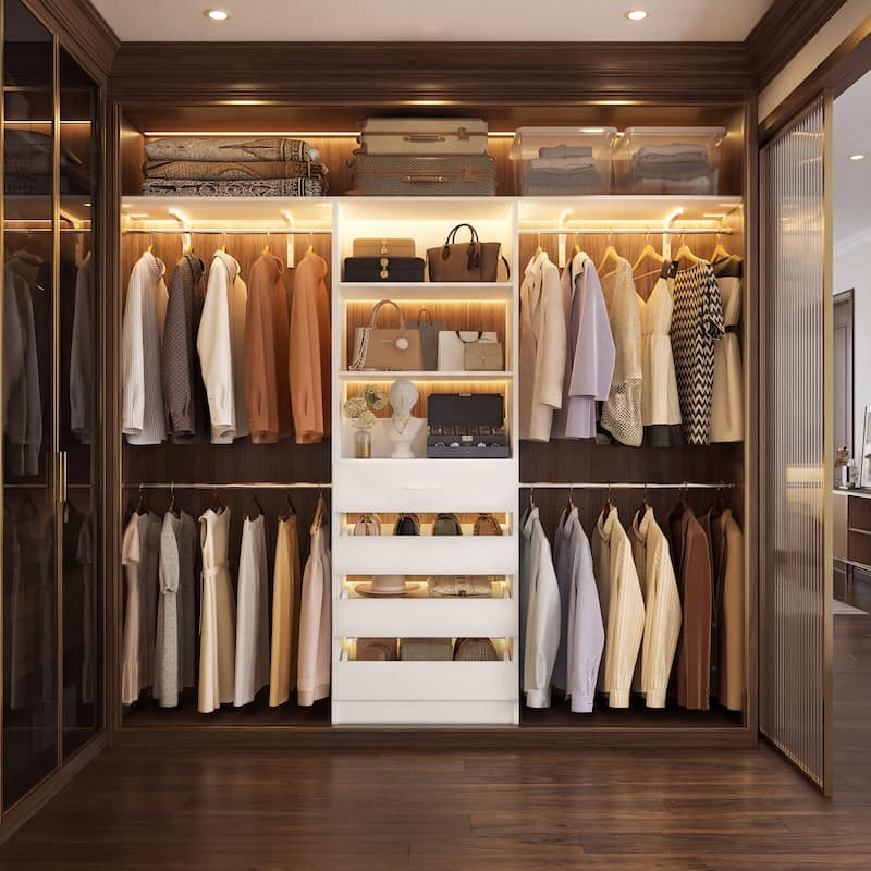 96'' Closet Organizer System with Wood Drawers, Wardrobe with Storage Shelves and 4 Hanging Rods