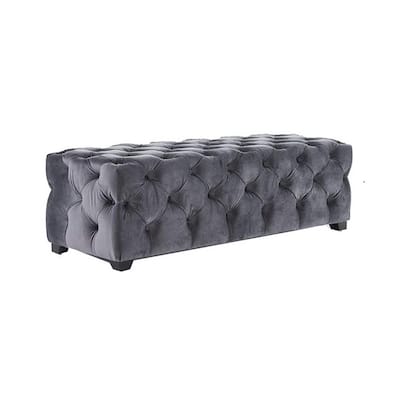 Ottoman Bench, Button Tufted Gray Velvet, Soft Cushions, 51 Inch