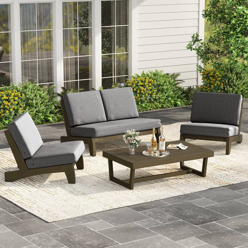 4Piece Wood Outdoor Loveseat Chair Conversation Set with Table Cushion