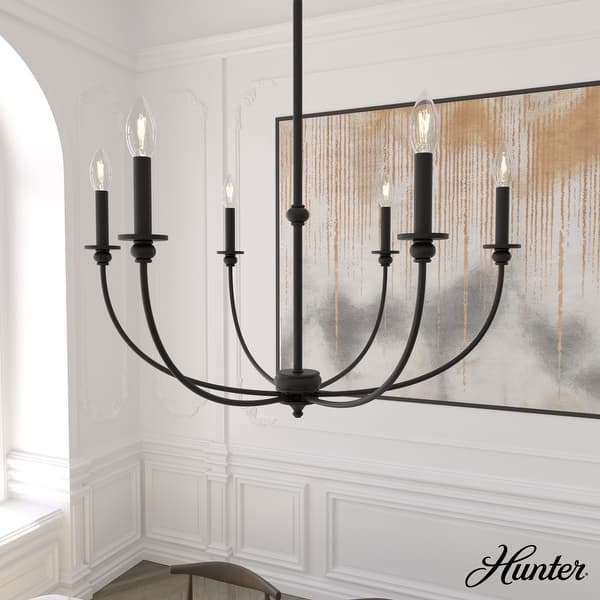slide 2 of 11, Hunter Southcrest Chandelier - Entry, Dining Table, Kitchen Island - Farmhouse, Transitional, Candle 30" -6 Light - Black