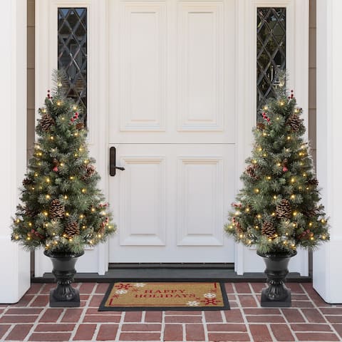 Glitzhome 4ft / 5 ft Flocked Pine Christmas Porch Tree With Warm White Lights