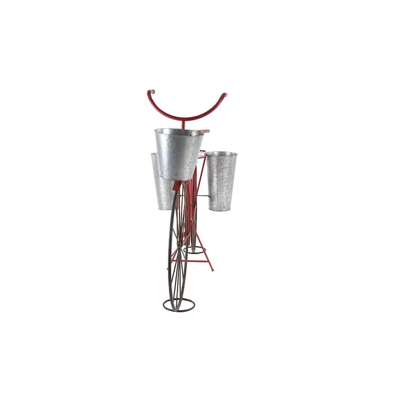 Metal Bike Indoor Outdoor Plantstand with Silver Basket and Saddle Bag Planters - Red - Roche River Decor - 21"W x 56"L x 38"H