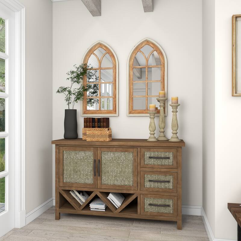 Wood Window Pane Inspired Room Wall Mirror with Arched Top and Distressing - Brown - Roche River Decor