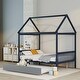 preview thumbnail 6 of 12, Blue Full Size Wood House Bed with Trundle, Roof, and Fence