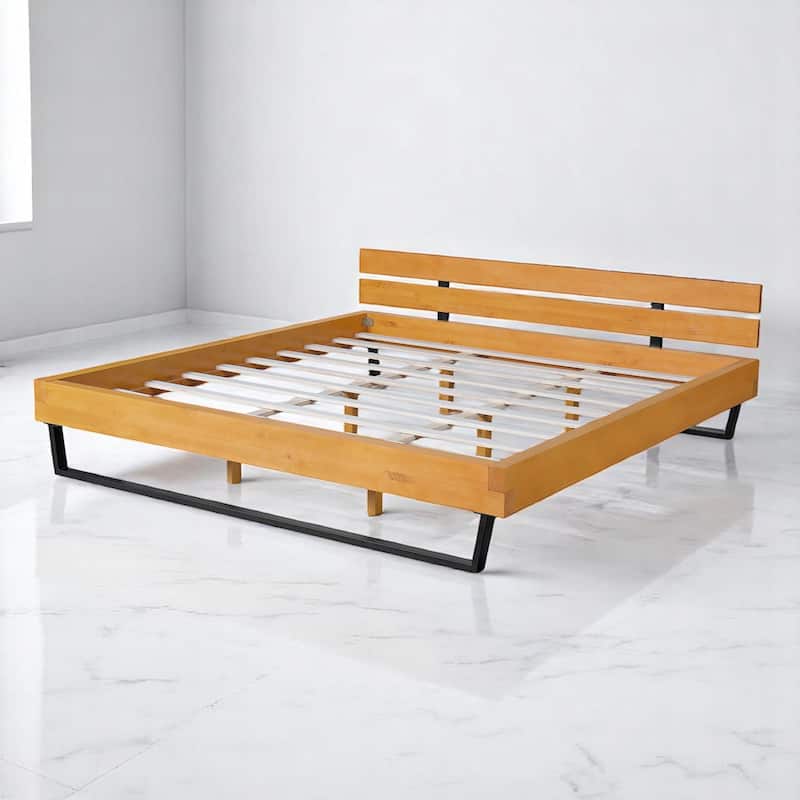 Queen/King Size Bed Frame with Headboard, Solid Pine Wood and Iron Platform Bed, Industrial Modern Design, No Box Spring Needed