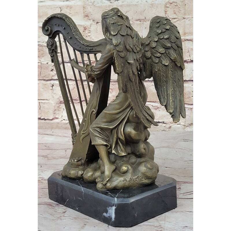Winged Female Angel Playing Heavenly Harp - Bronze Memorial Sculpture Statue