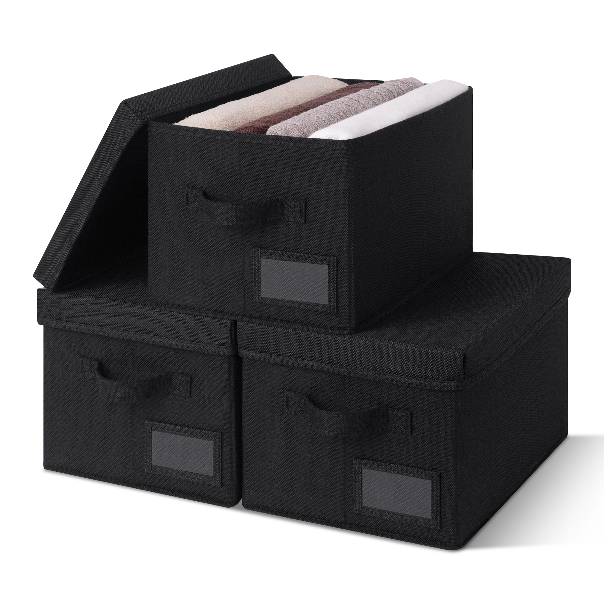 Fabric Storage Bins with Lids & Label Holder, Stackable Design, Set of 3