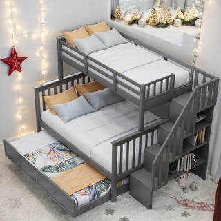 Twin Over Full Bunk Bed with Twin size Trundle,Storage and GuardRail