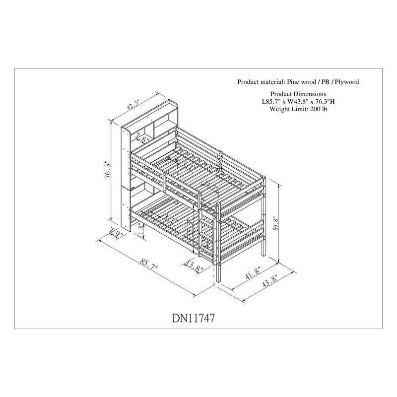 Solid Wood Bunk Bed with Bookcase Headboard,Safety Rail and Ladder
