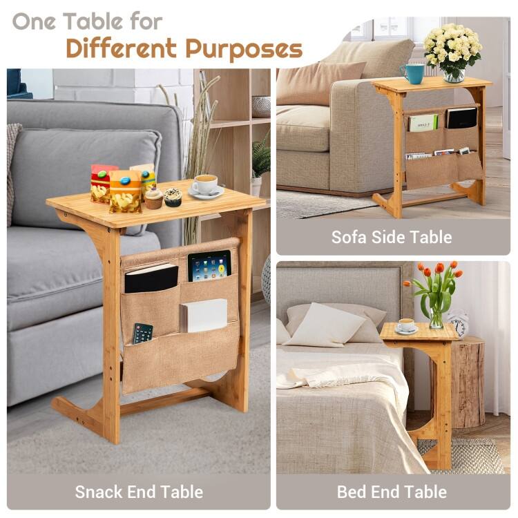 Bamboo Sofa Table End Table Bedside Table with Storage Bag - 19.5" x 14" x 24.5" (L x W x H)
