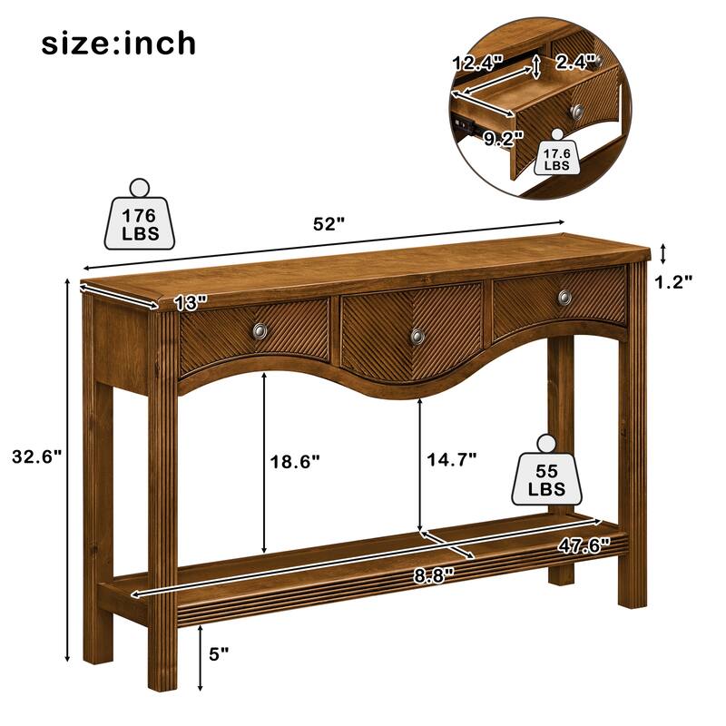52 Inch Fluted Wood Console Table with 3 Drawers and Solid Wood Legs for Living Room Entryway Decor