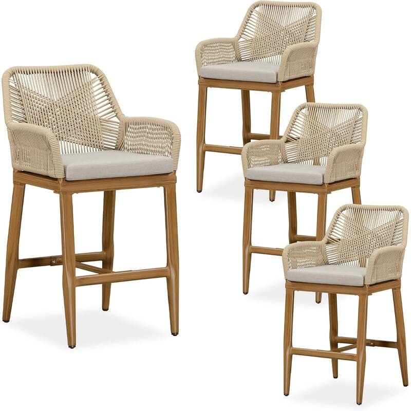 PURPLE LEAF Outdoor Counter Height Bar Stools Set of 4 Patio Aluminum Barstools with Back and Cushions - Brown-Counter Height