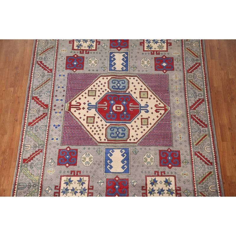 Geometric Gray Kazak Oriental Area Rug Handmade Wool Carpet - 6'4" x 9'0"