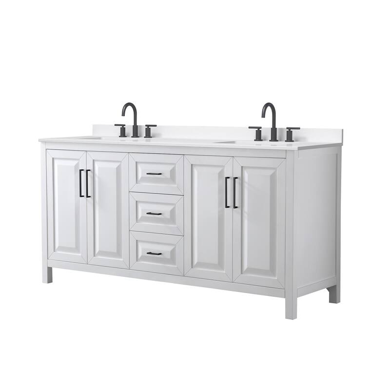 Daria 72-inch Double Vanity, 3 Hole Quartz Top - White, Black Trim, White Quartz Top