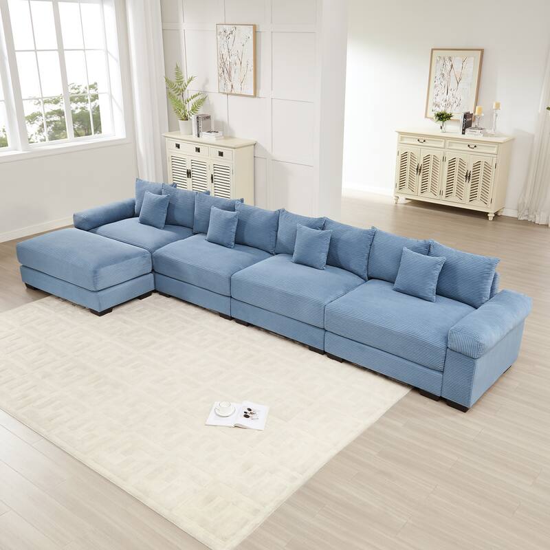 Roomfitters 130 Inch Modular Sectional Couch, Oversized Corduroy 3-Seater with Deep Seats, Blue